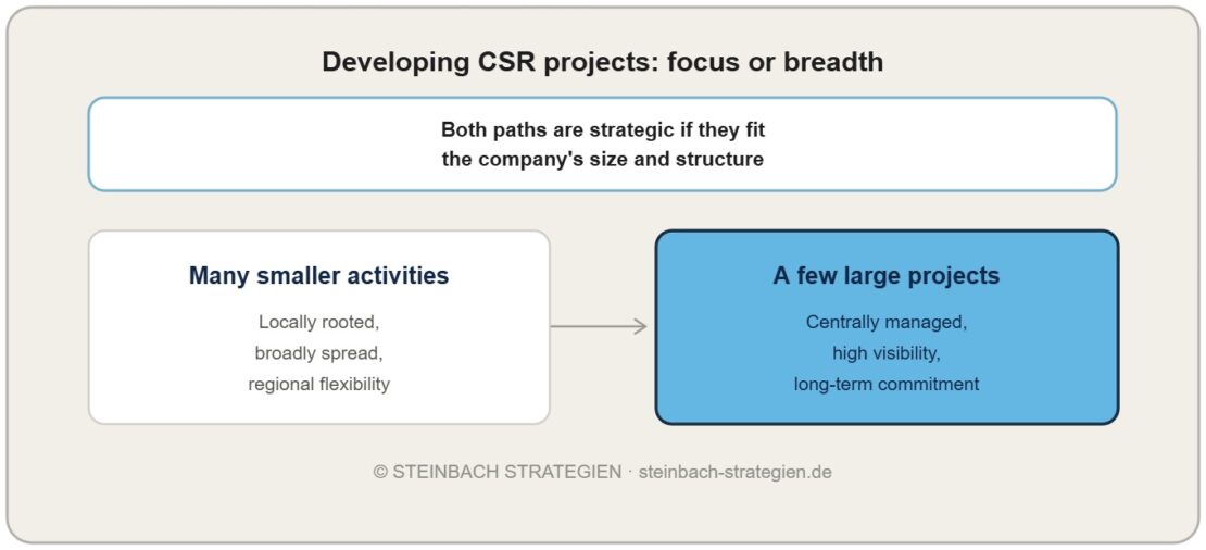 Two equally valid paths for CSR projects: many smaller, spread-out activities or a few large flagship projects